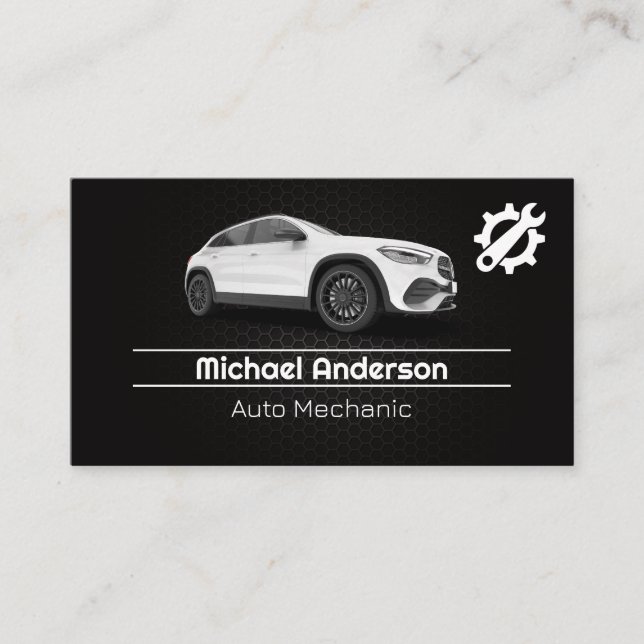 Car Services Wrench Logo | White Automobile Business Card (Front)