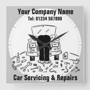 Car Servicing & Repairs Cartoon Square Wall Clock