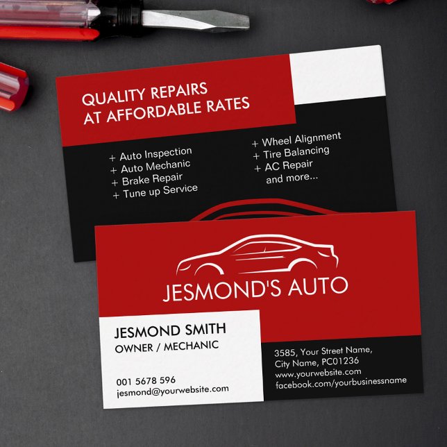 Car Silhouette - Mechanic Auto Repair Red Business Card (Creator Uploaded)