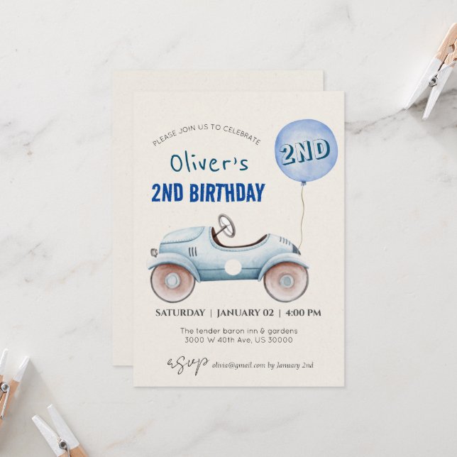 Car theme boy second birthday invitation (Front/Back In Situ)
