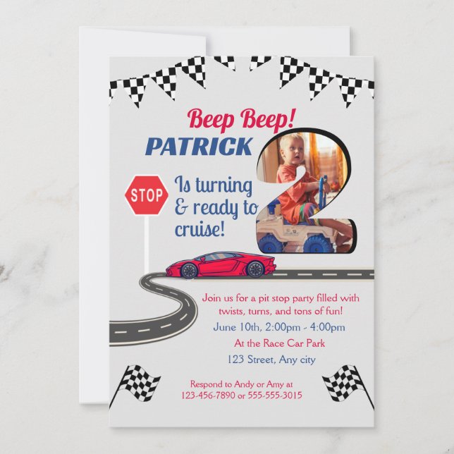Car-Themed 2nd Birthday Invitation For Boy (Front)