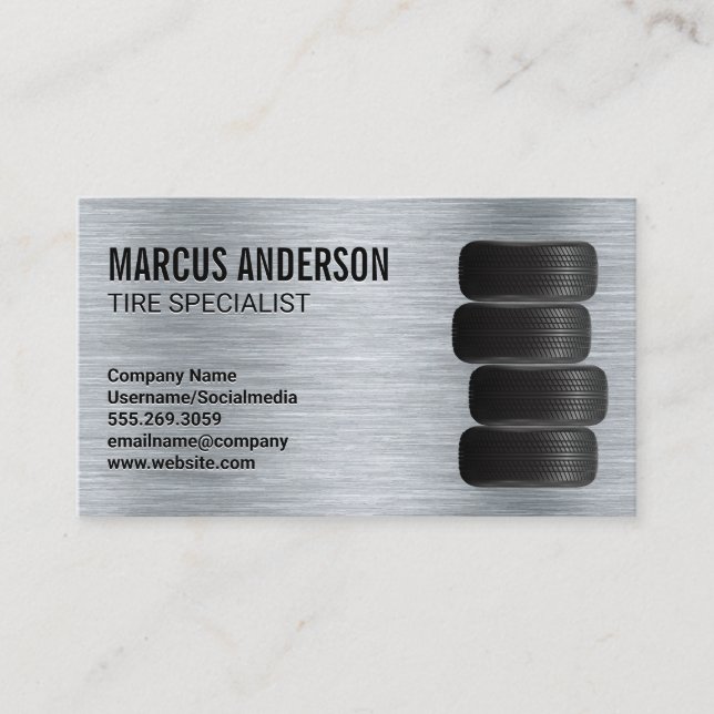 Car Tires | Metallic Brushed Background Business Card (Front)