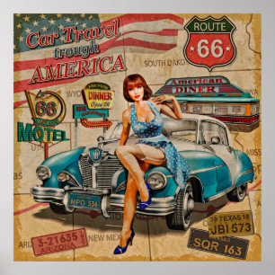 Car travel through America vintage poster. 66,rout Poster