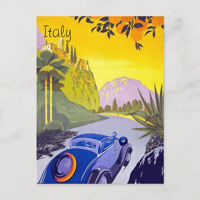Car travel through Italy, vintage travel postcard (Front)