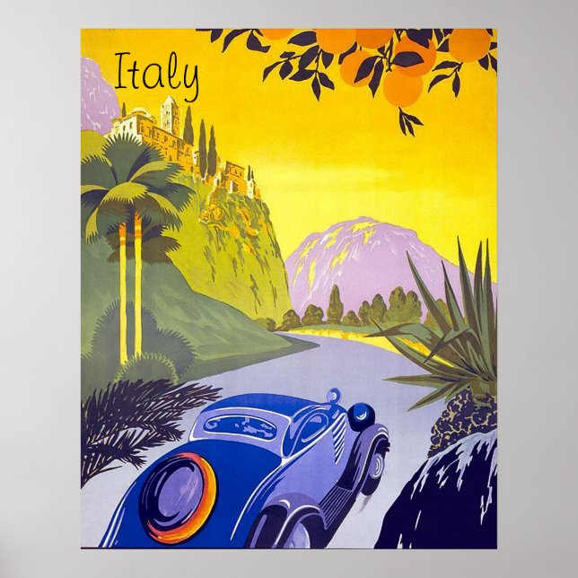 Car travel through Italy, vintage travel poster (Front)