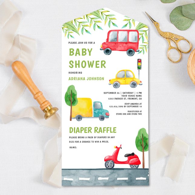 Car Truck Scooter Vehicles Transport Baby Shower All In One Invitation (Creator Uploaded)