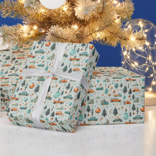 Car Trucks Christmas Trees Stars Green Christmas Wrapping Paper
