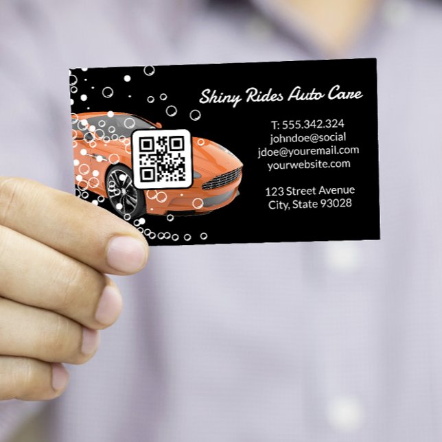 Car Wash and Detailing | Orange Sports Car | Qr Business Card (Creator Uploaded)