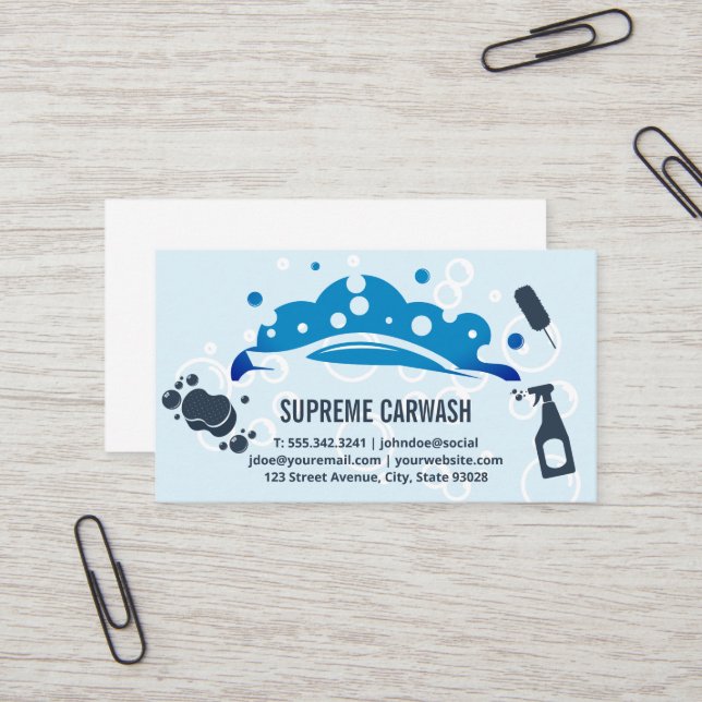 Car Wash Bubbles Logo | Cleaning Tools  Business Card (Front/Back In Situ)