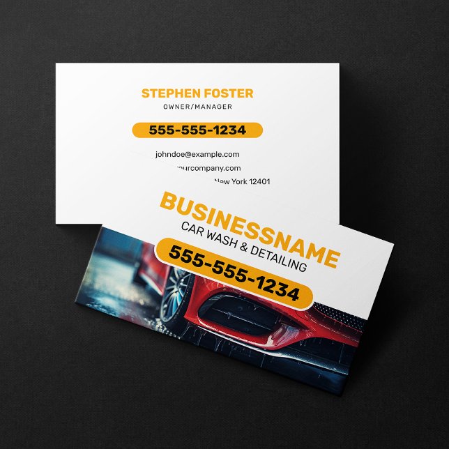 Car wash Car Cleaning Auto detailing Orange White Business Card (Creator Uploaded)