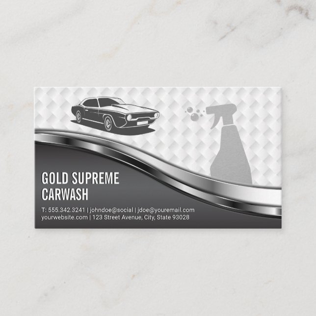 Car Wash Cleaning Service Metallic White Mesh Business Card (Front)