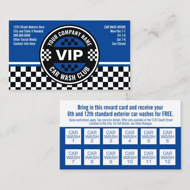 Car Wash Club - Racing Chequered Flag Rewards Discount Card (Front/Back)