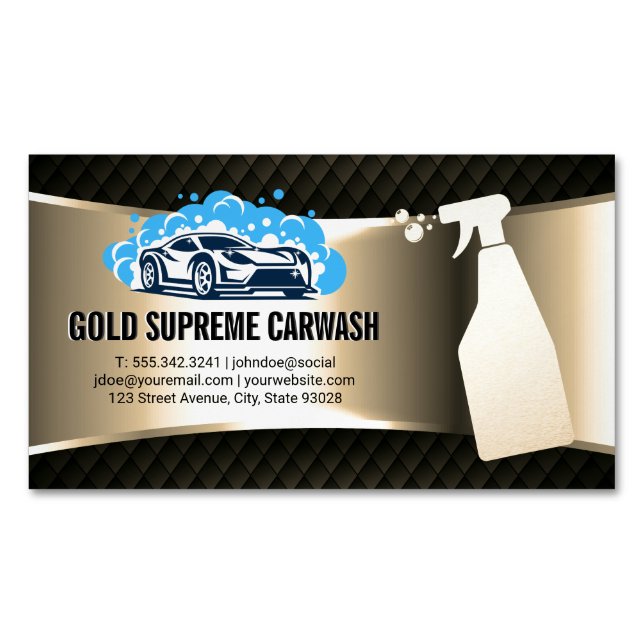 Car Wash Logo | Cleaning Service Gold Metallic Magnetic Business Card (Front)