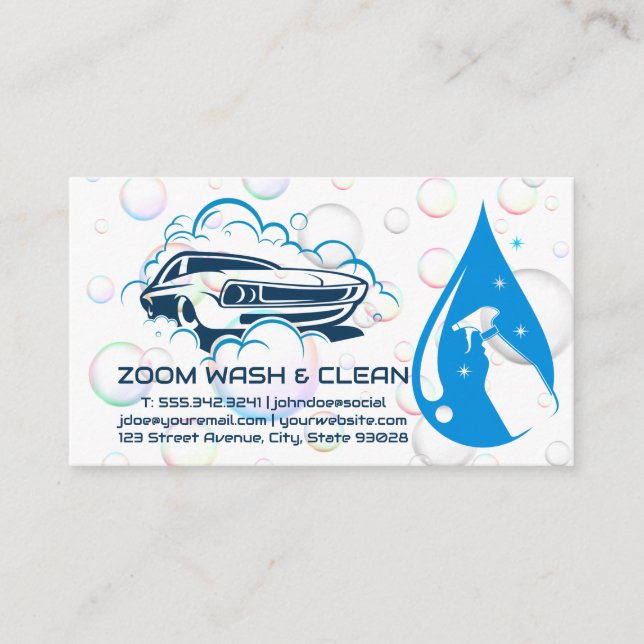 Car Wash Logo | Soap Bubbles | Spray Bottle Business Card (Front)