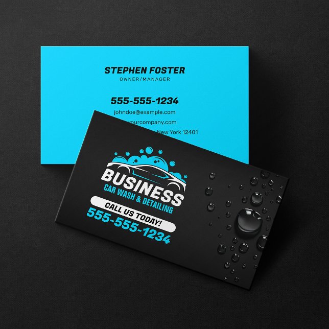 Car Wash Mobile Detailing Water Drop Black Blue Business Card (Creator Uploaded)