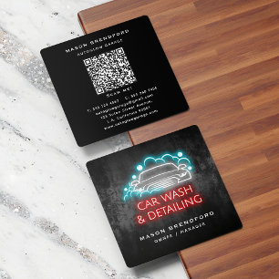 Car Washing and Detailing Blue Neon Glow QR Code Square Business Card