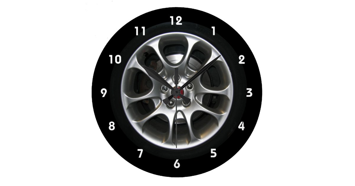 Car Wheel hubcap clock with numbers Zazzle.co.uk