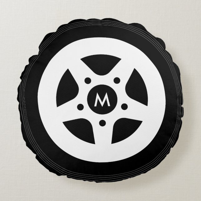 Car wheel throw pillow with black tires and rims (Front)