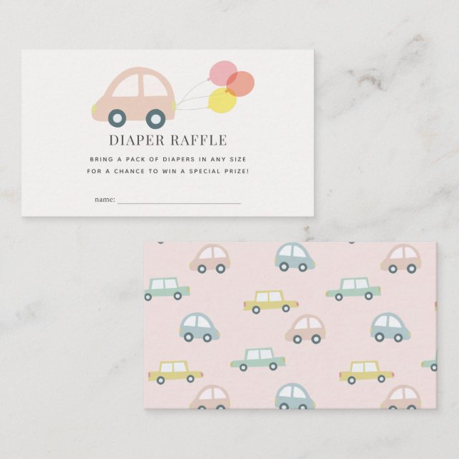 Car with Balloons Pink Girl Diaper Raffle Ticket Enclosure Card (Front/Back)