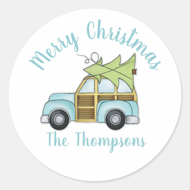 Car with Christmas Tree  Classic Round Sticker (Front)