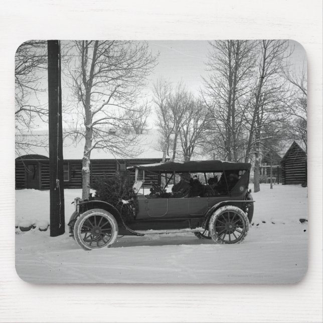 Car with Christmas tree tied on the hood Mouse Mat (Front)