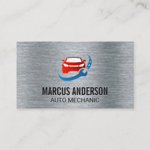 Car Wrench Road Logo   Metallic Brushed Background Business Card