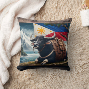 Carabao by Flag in Mountain Landscape Cushion