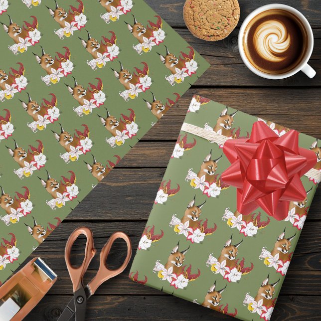 Caracal Wild Cat Floral Green Wrapping Paper (Creator Uploaded)