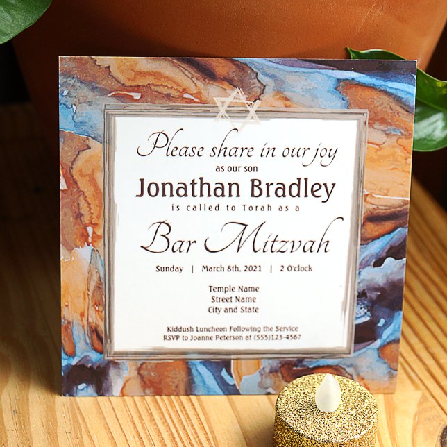 Caramel and Blue Marble Bar Mitzvah Invitation (brown, blue, eggplant purple bar mitzvah color theme invitations)