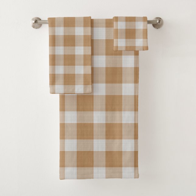 Caramel and White Checkered Plaid Bath Towel Set (Insitu)