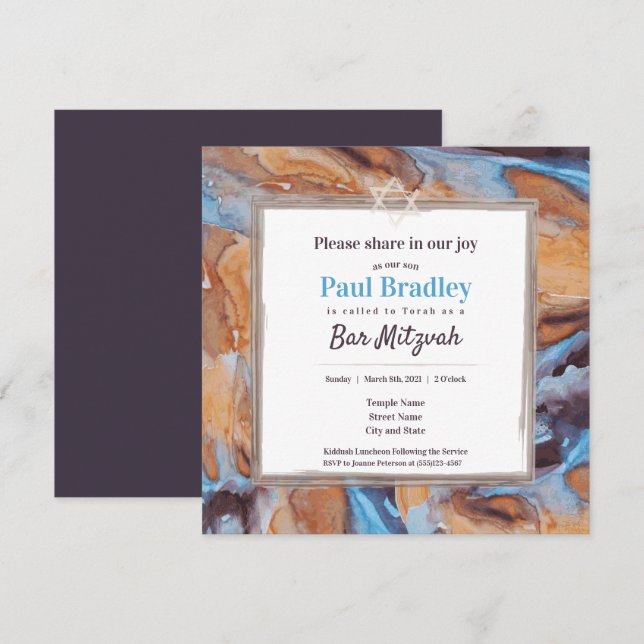 Caramel, Blue, & Eggplant Bar Mitzvah Invitation (Front/Back)