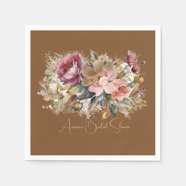 Caramel Brown Pink Peach Burgundy  Floral Shower Napkin (Front)