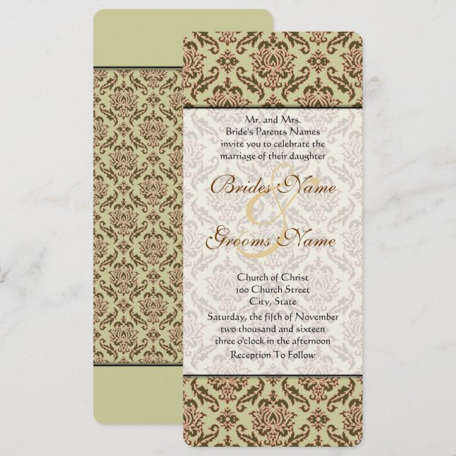 Caramel Cafe Golden Lime Damask Wedding Invites (Front/Back)
