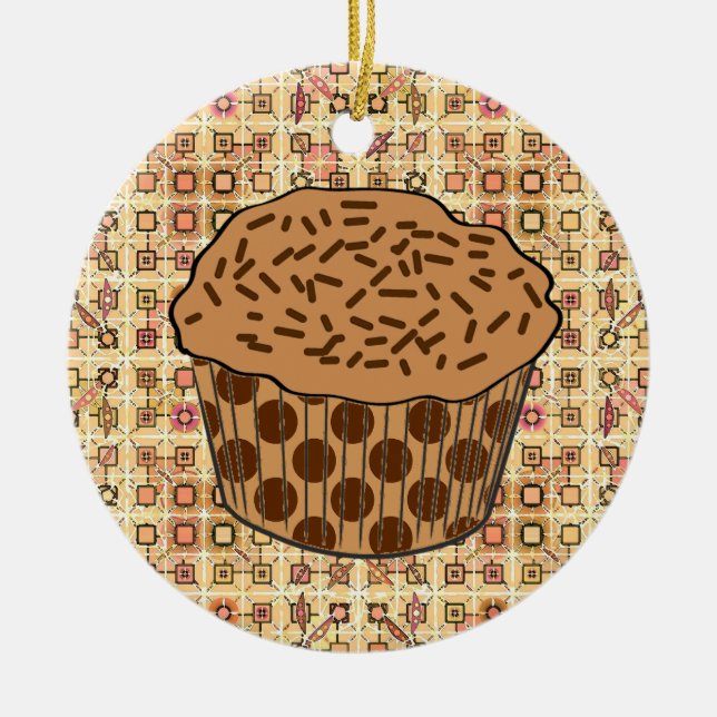 Caramel Frosted Cupcake with Sprinkles Ceramic Tree Decoration (Front)