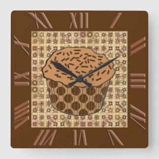 Caramel Frosted Cupcake with Sprinkles Square Wall Clock