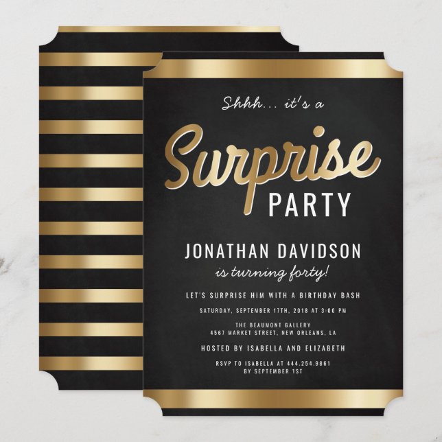 Caramel Gold and Black Surprise Birthday Party Invitation (Front/Back)