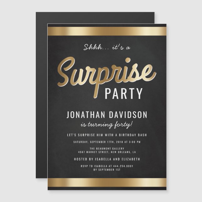 Caramel Gold and Black Surprise Birthday Party Magnetic Invitation (Front/Back)