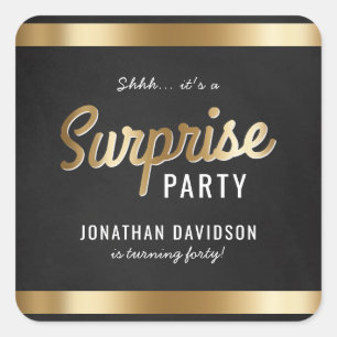Caramel Gold and Black Surprise Birthday Party Square Sticker