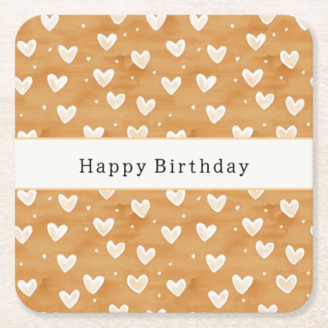 Caramel Hearts Birthday Square Paper Coaster (Front)