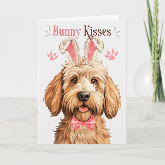 Caramel Labradoodle Dog in Bunny Ears for Easter Holiday Card (Front)