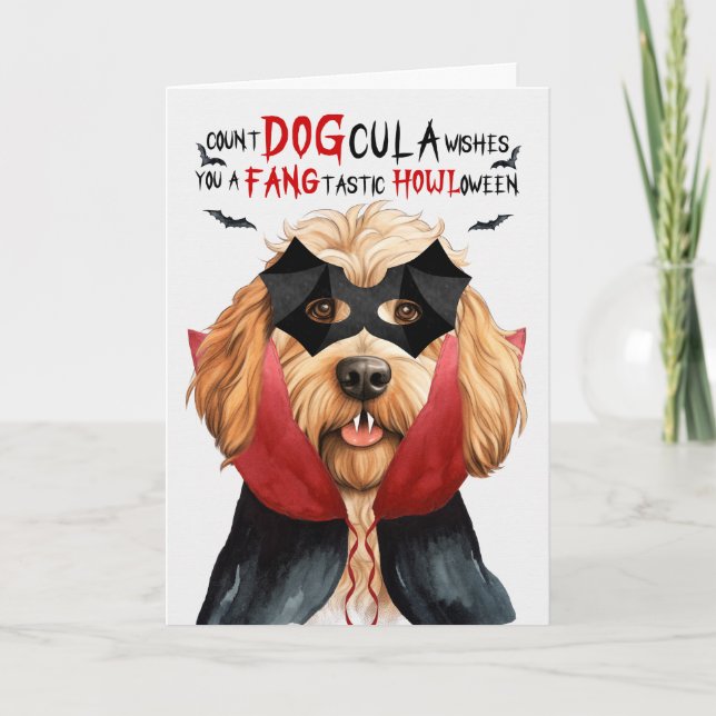 Caramel Labradoodle Funny Count DOGcula Halloween Holiday Card (Front)