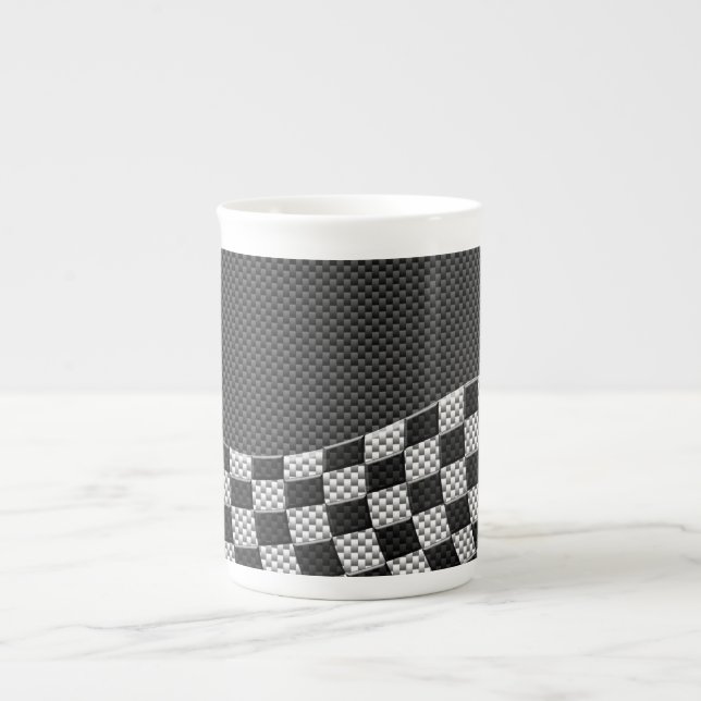 Carbon Fiber Style Checkered Racing Flag Wave Bone China Mug (Front)