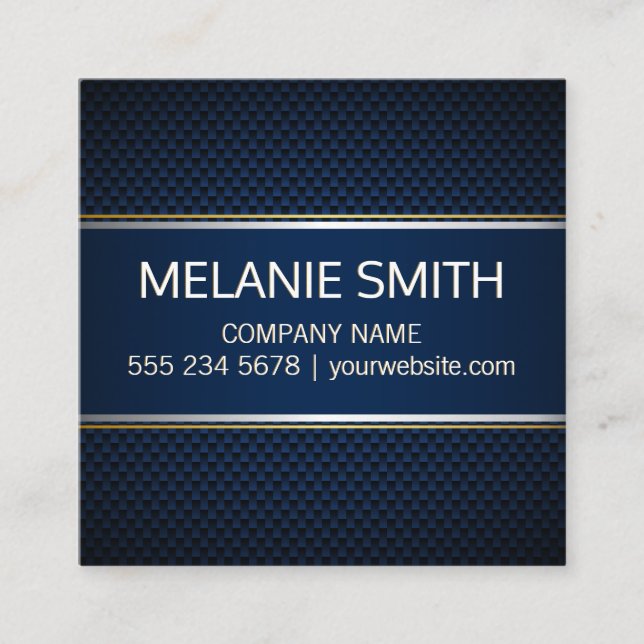 Carbon Fibre Blue Background Yellow White Lines Square Business Card (Front)