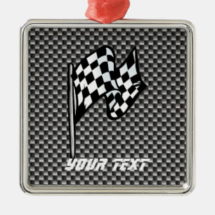 Carbon Fibre look Chequered Flag Metal Tree Decoration
