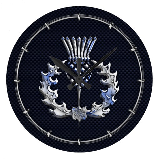 Image of Carbon Fibre Print Silver Scottish Thistle Large Clock