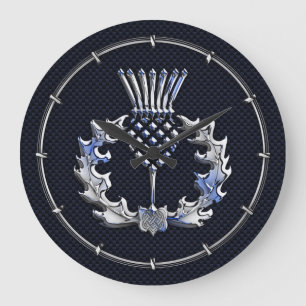 Carbon Fibre Print Silver Scottish Thistle Large Clock