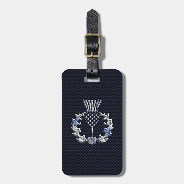 Carbon Fibre Print Silver Scottish Thistle Luggage Tag (Front Vertical)