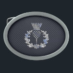 Carbon Fibre Print Silver Scottish Thistle Oval Belt Buckle<br><div class="desc">A silver chrome like Scottish thistle applique design on a racy navy blue carbon fibre style print background. Embroidery designs are available in a selection of popular colour options. Use the "Ask this Designer" link to contact us with your special design requests or for some assistance with your customisation project....</div>