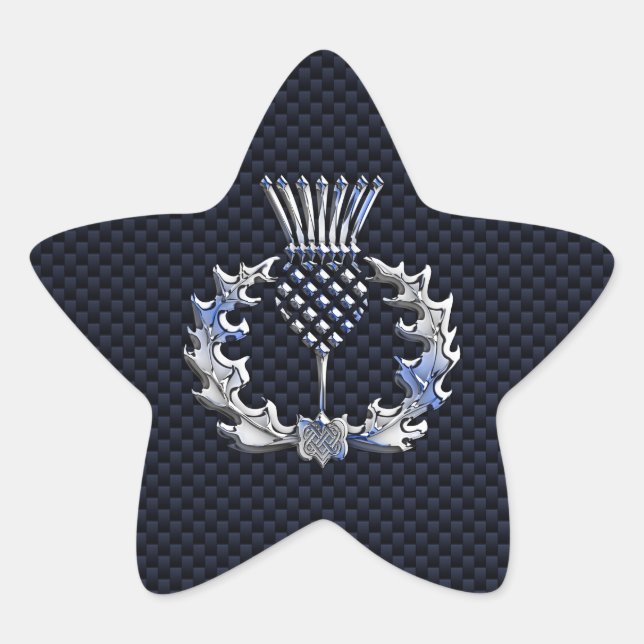 Carbon Fibre Print Silver Scottish Thistle Star Sticker (Front)