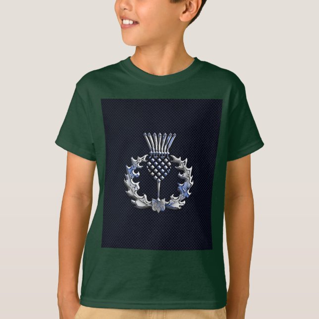 Carbon Fibre Print Silver Scottish Thistle T-Shirt (Front)